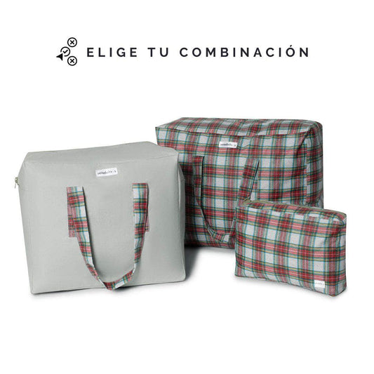 pack mybigbag Pack completo - bolsa XL, bolsa L y neceser  reversible- Escocesa/Verde Empolvado